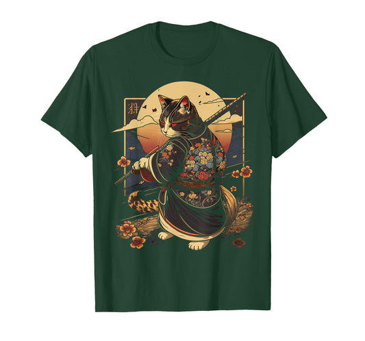 Japanese Art Cat Ninja Ukiyo-e Anime Style Samurai Cat T-Shirt