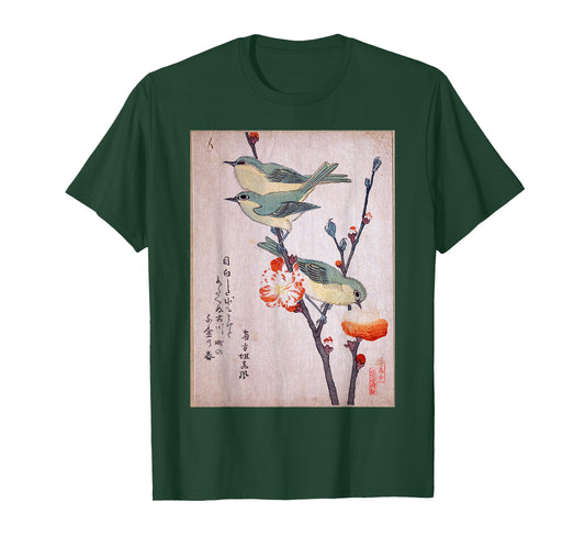 Japanese Birds Cherry Blossom - Vintage Woodblock Art T-Shirt