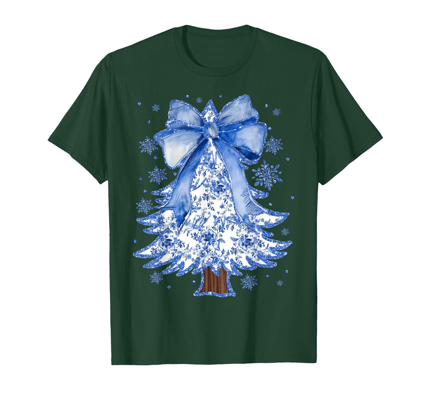 Women Christmas Tree Chinoiserie Blue Floral Coquette Bow T-Shirt