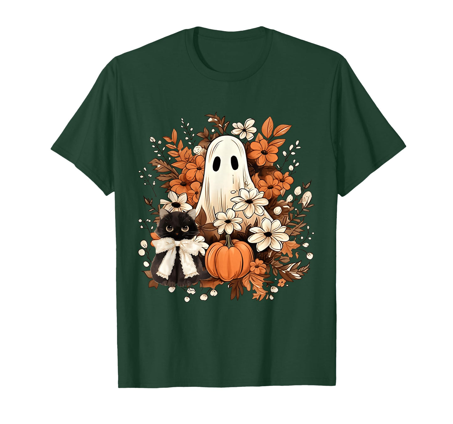 Vintage Halloween Ghost Holding Black Cat Groovy Floral Fall T-Shirt