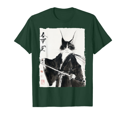 Samurai Cat Japanese Ink Art Vintage Warrior Katana Gift T-Shirt
