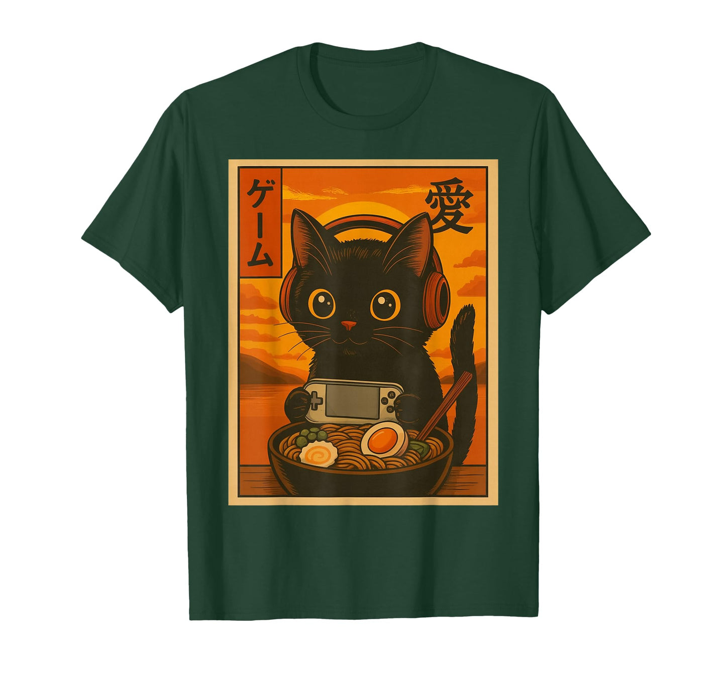 Cute Kawaii Gamer Cat Ramen Retro Japanese Art T-Shirt