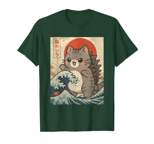 Kaiju Kitty Giant Monster Wave Cute Cozy Cat Graphic Parody T-Shirt