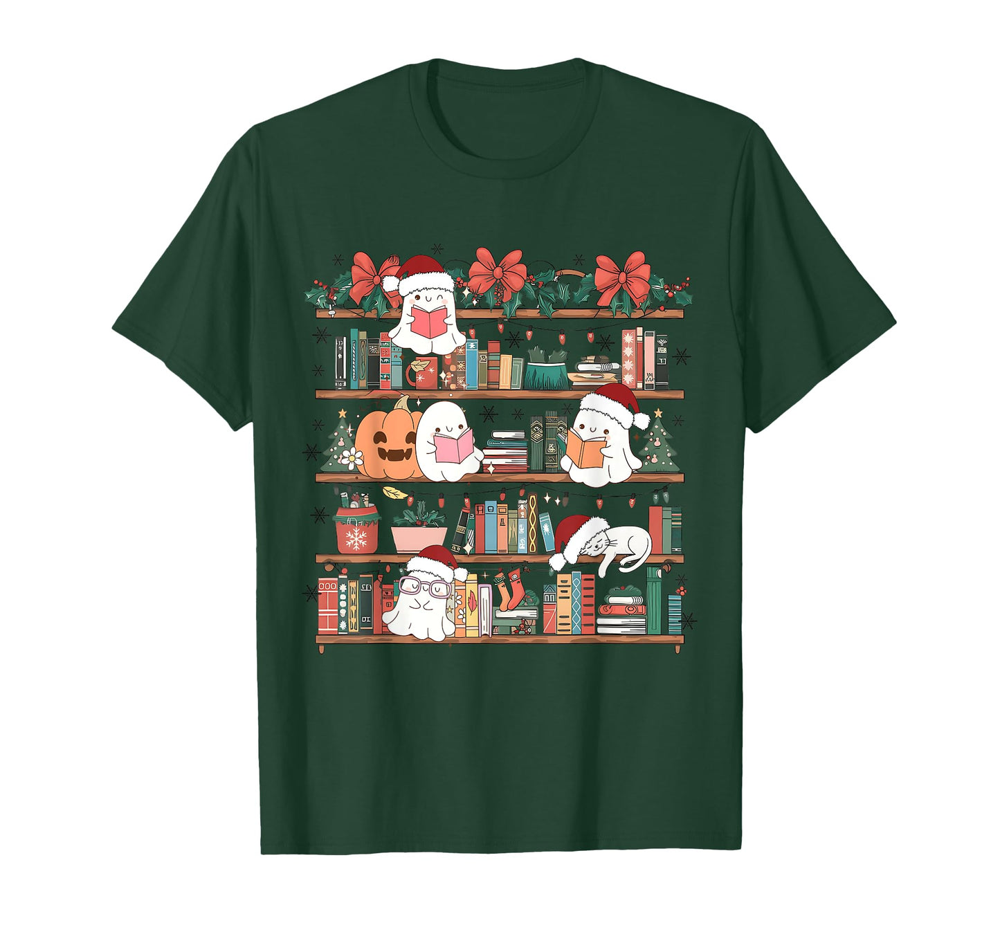 Ghost Christmas Reading Book Lover Library Christmas Teacher T-Shirt