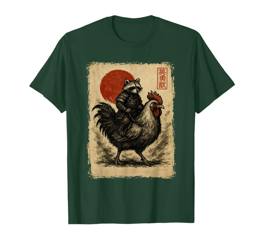 Funny Vintage Raccoon Rooster Chicken Japanese Ukiyo-e Art T-Shirt