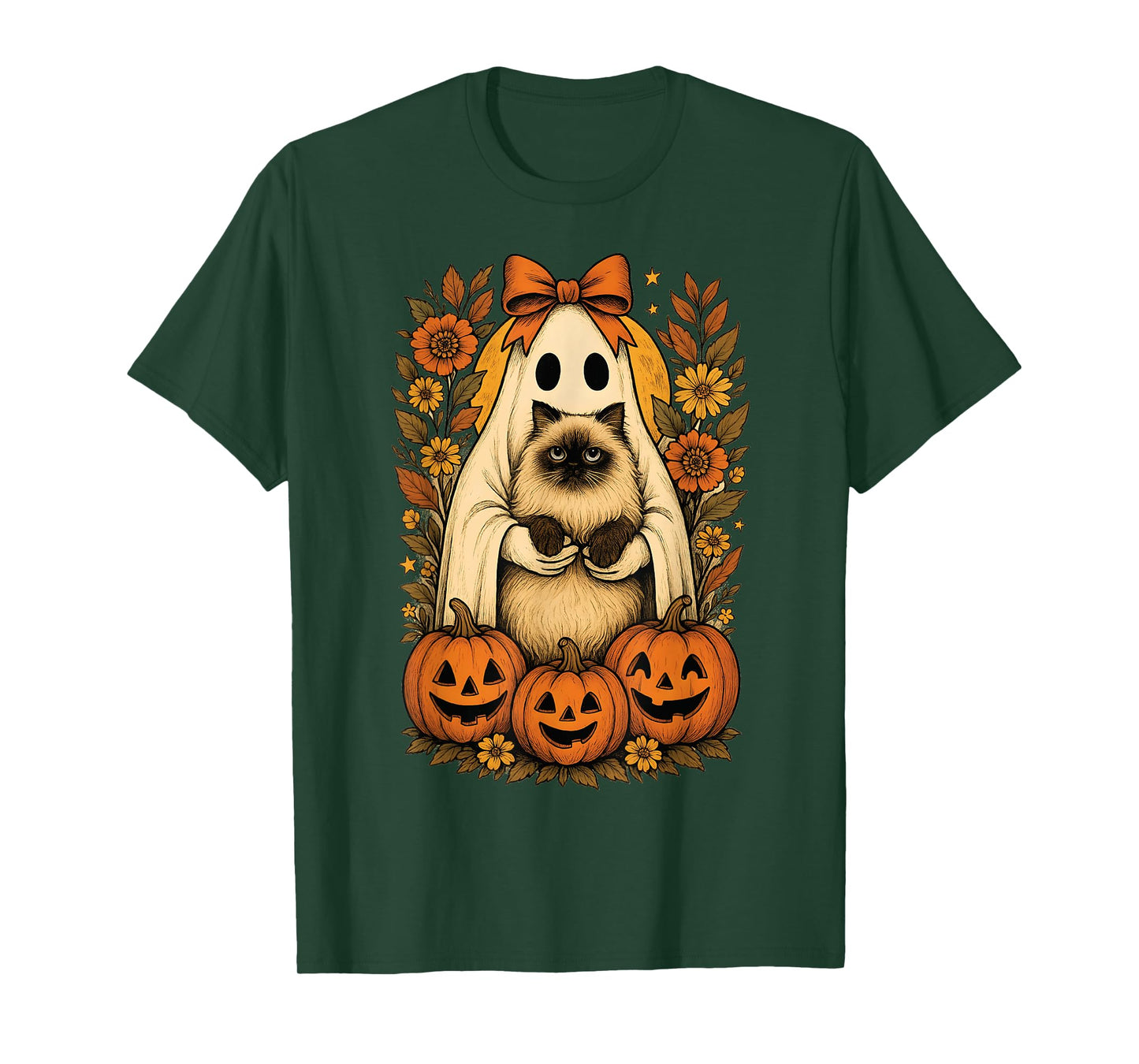 Vintage Ghost Holding Himalayan Cat with Pumpkins Halloween T-Shirt