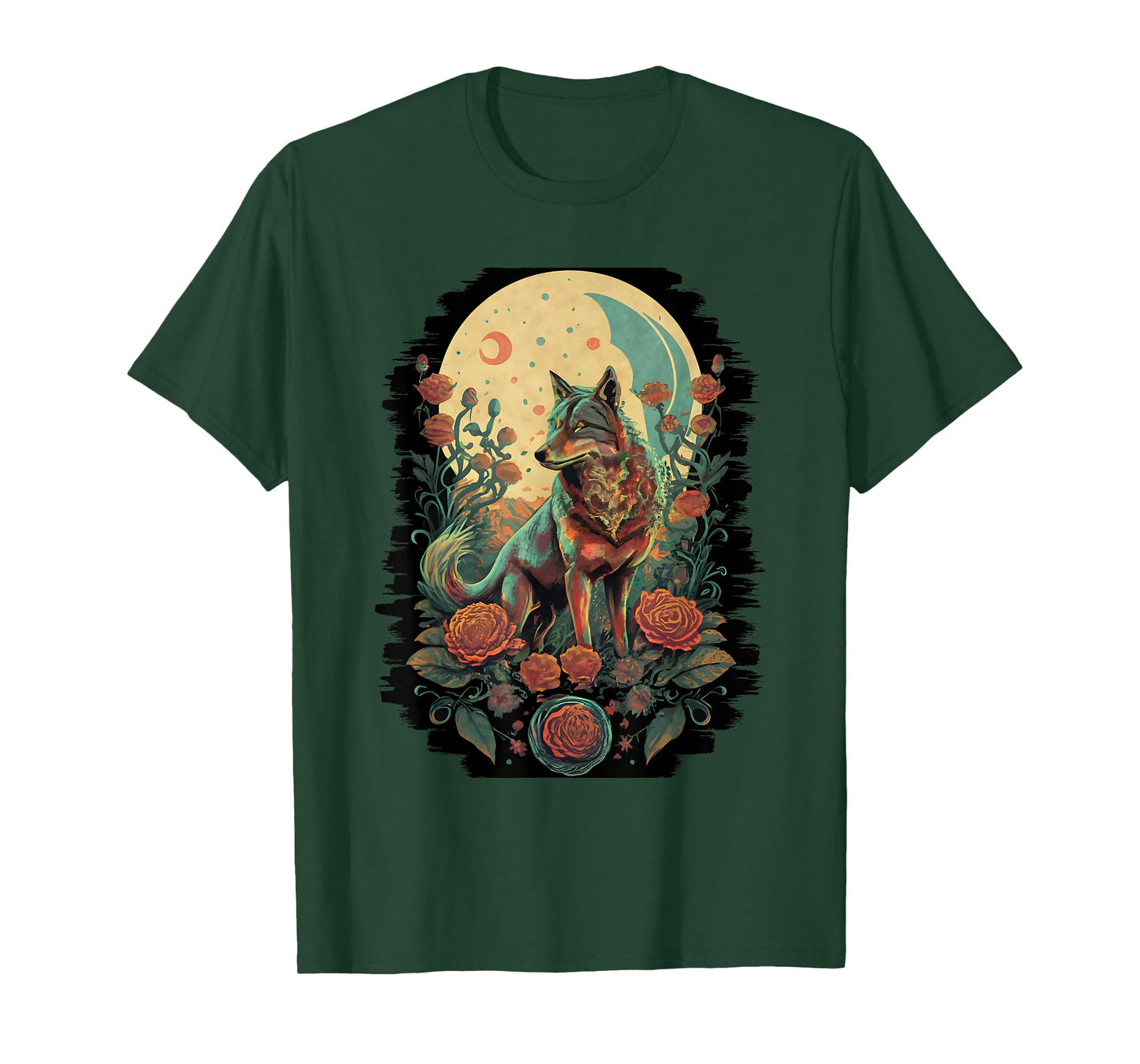 Botanical Wolf Women Roses Full Moon Children Floral Wolf T-Shirt