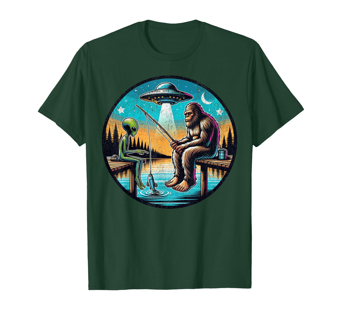 Funny Bigfoot And Alien Fishing. Bigfoot And Alien UFO T-Shirt