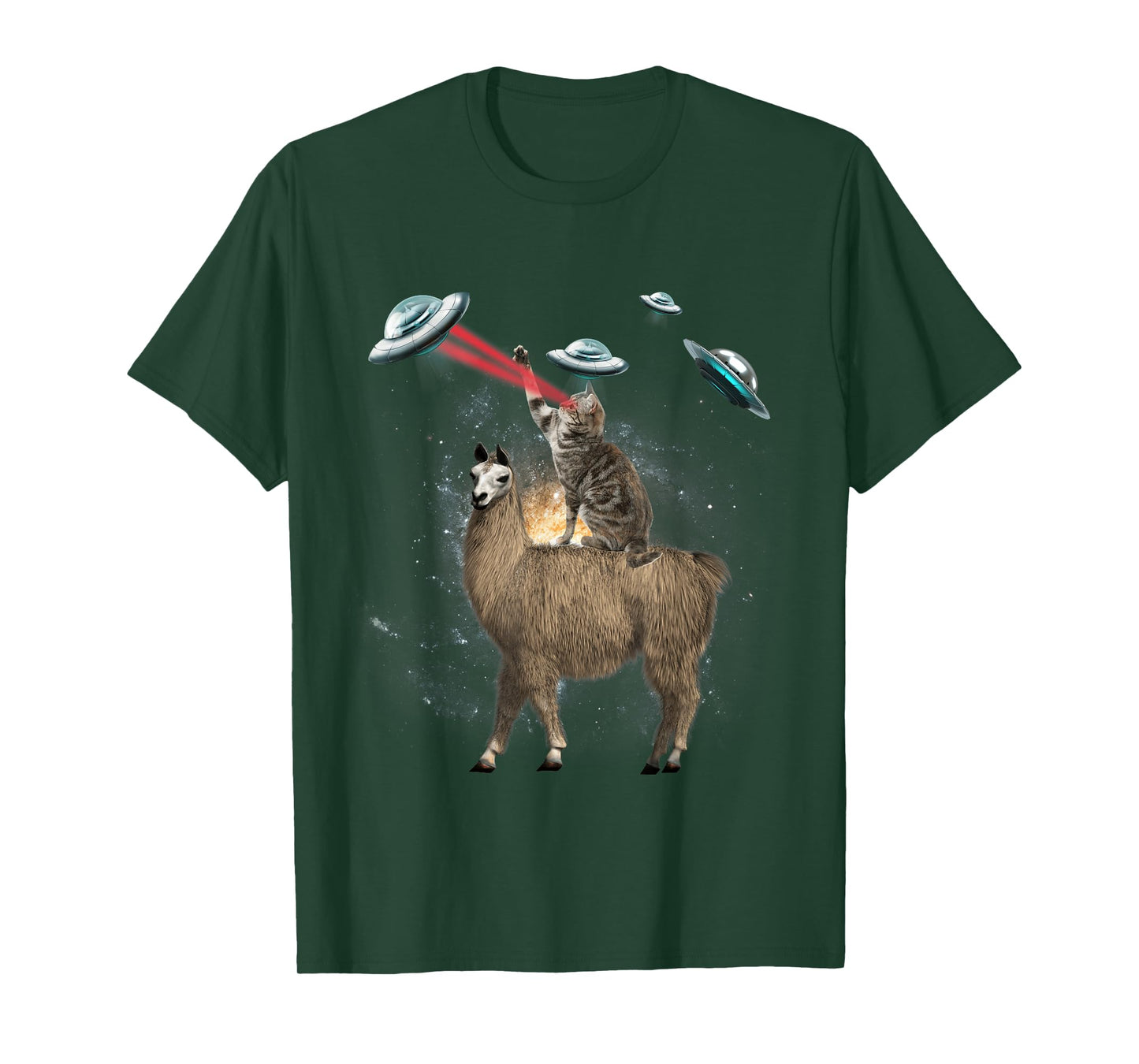 Space Cat Riding Llama Laser Eyes UFO Funny Cat Lover Men Women Kids T-Shirt