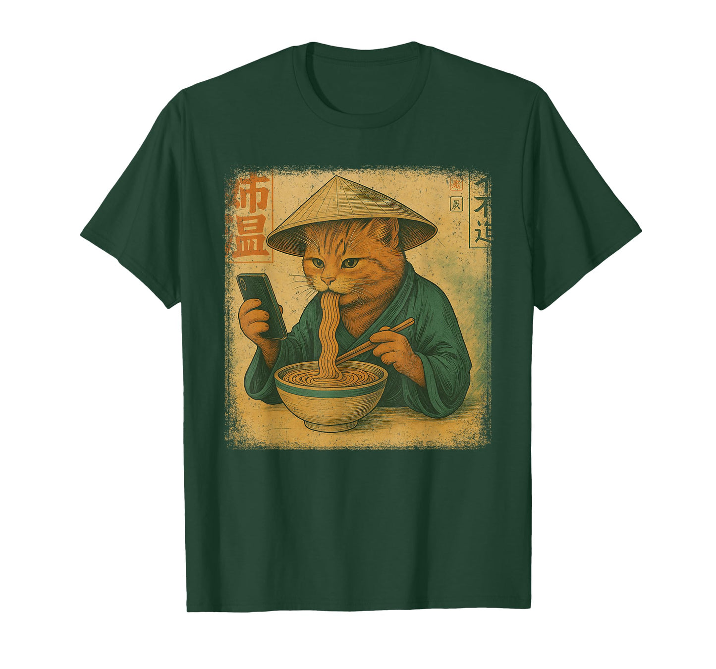 Funny Japanese cat Eat Ramen and Scroll Phone Anime Kitten T-Shirt
