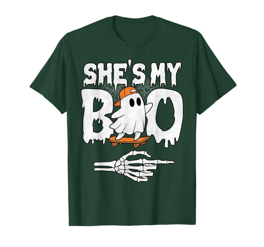 She's My Boo Couple Matching Halloween Skateboard Cool Ghost T-Shirt