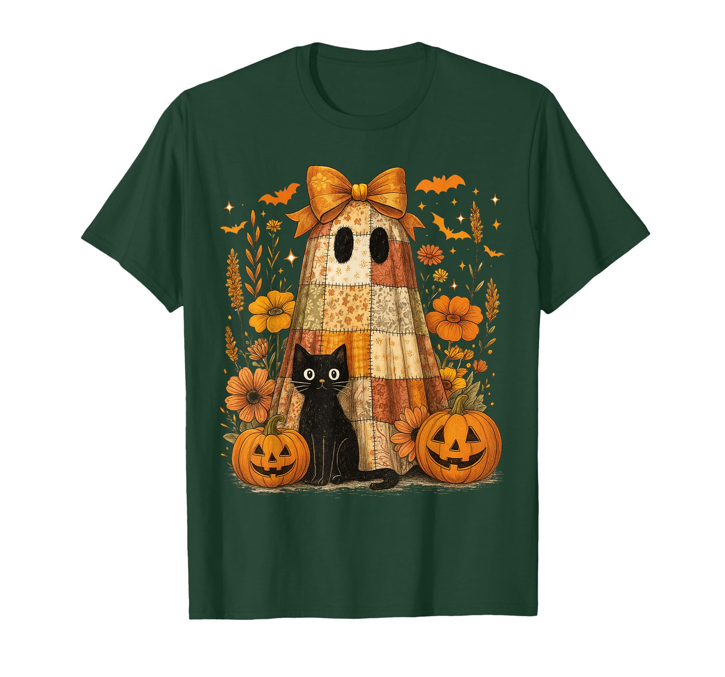 Vintage Halloween Ghost Black Cat Patchwork Floral Women Kid T-Shirt