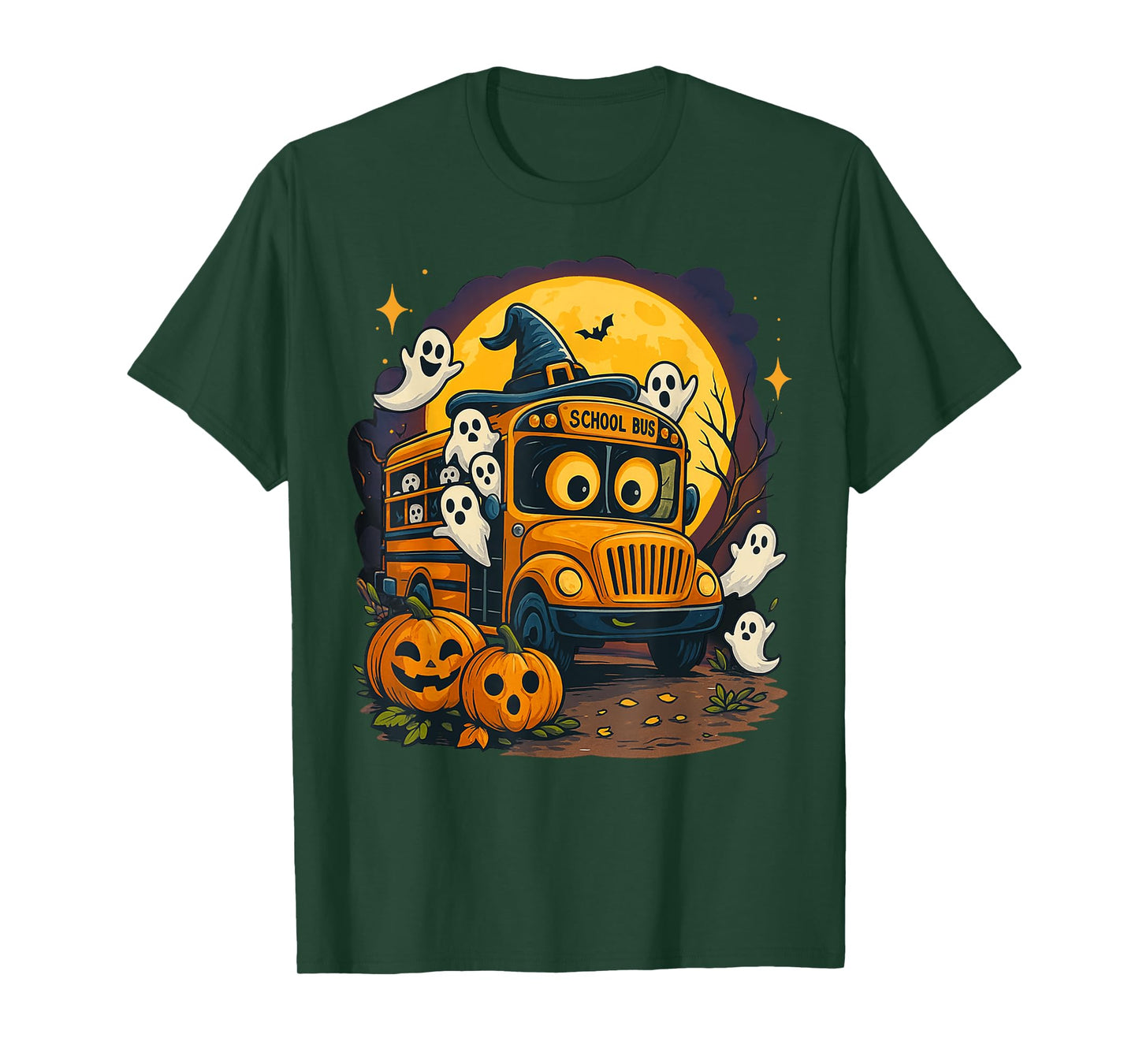 Halloween School Bus with Witch Hat and Pumpkins Spooky T-Shirt
