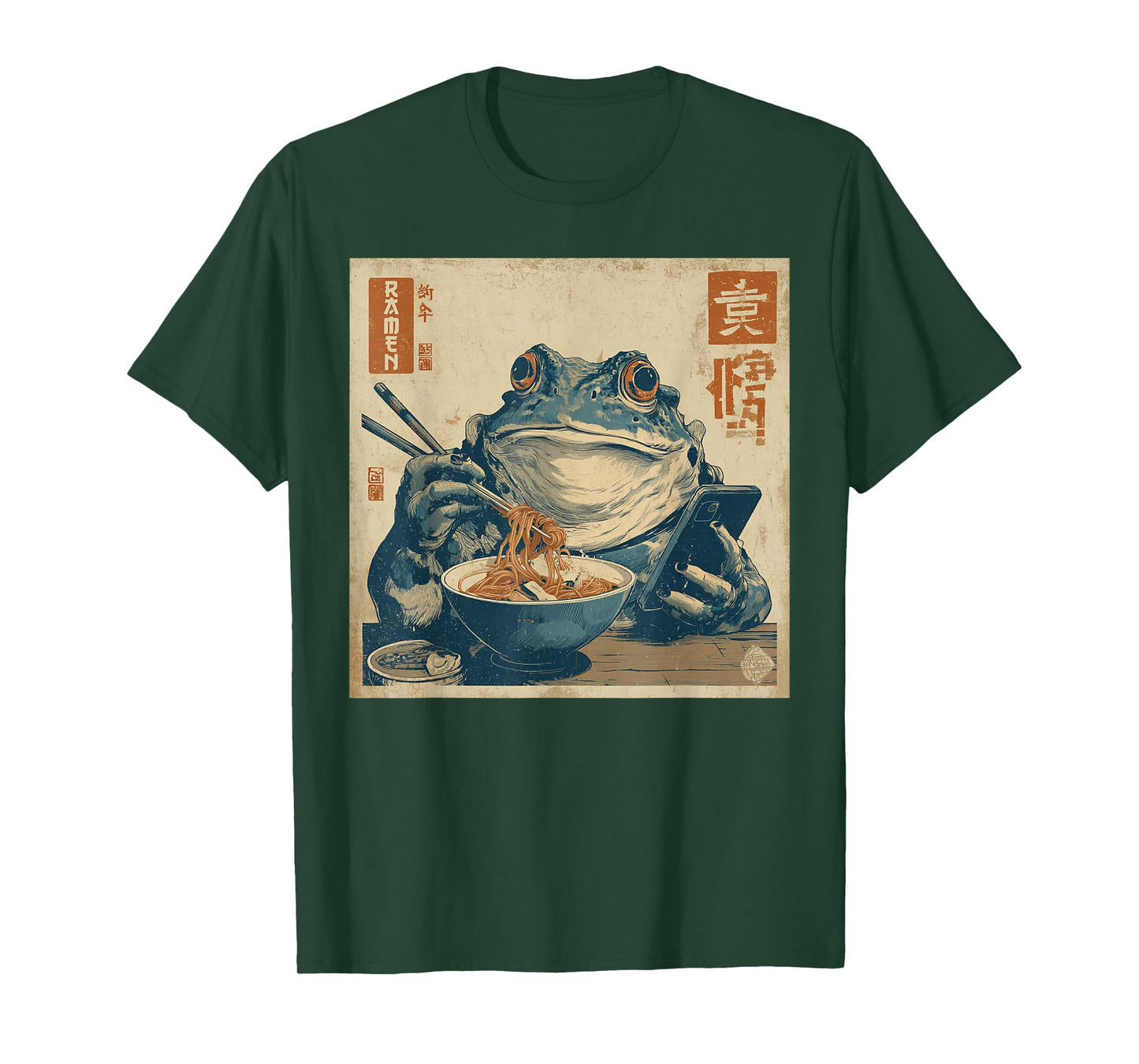 Funny Grumpy Frog Eat Ramen and Scroll Phone Japanese Art T-Shirt