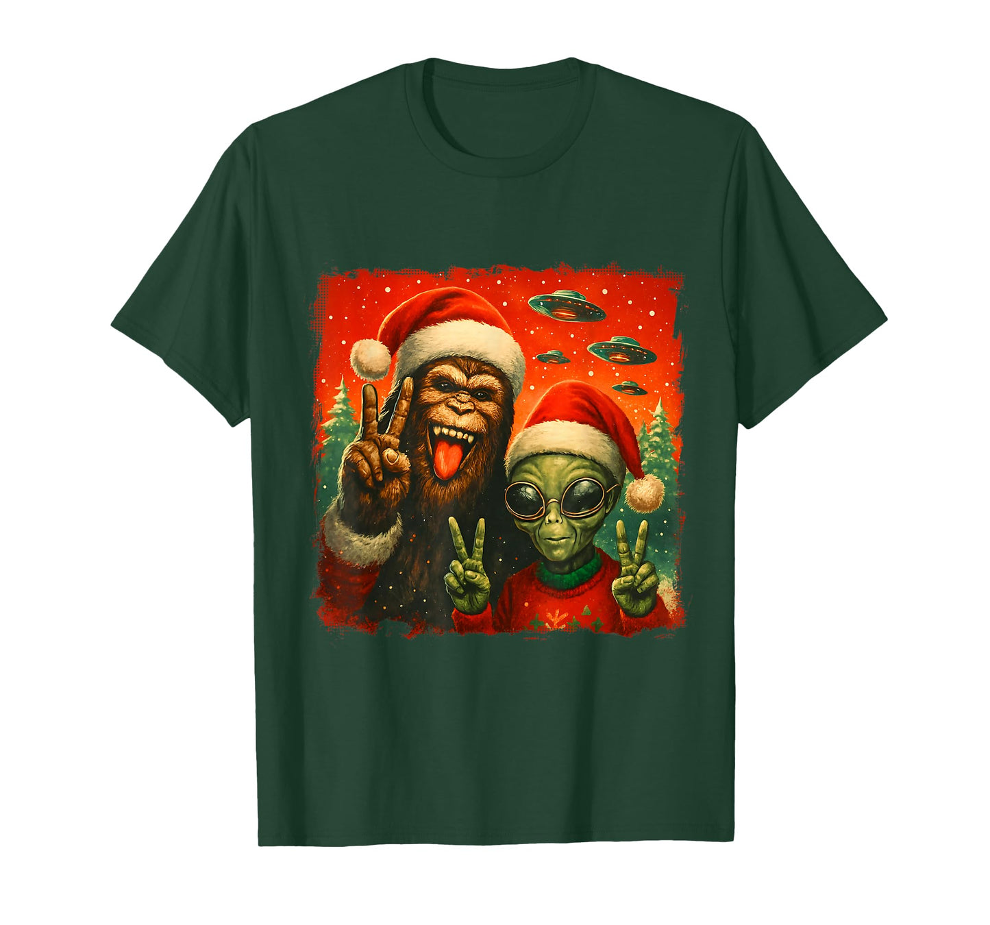 Funny Christmas Bigfoot & Alien Sasquatch Rock On Hand Sign T-Shirt