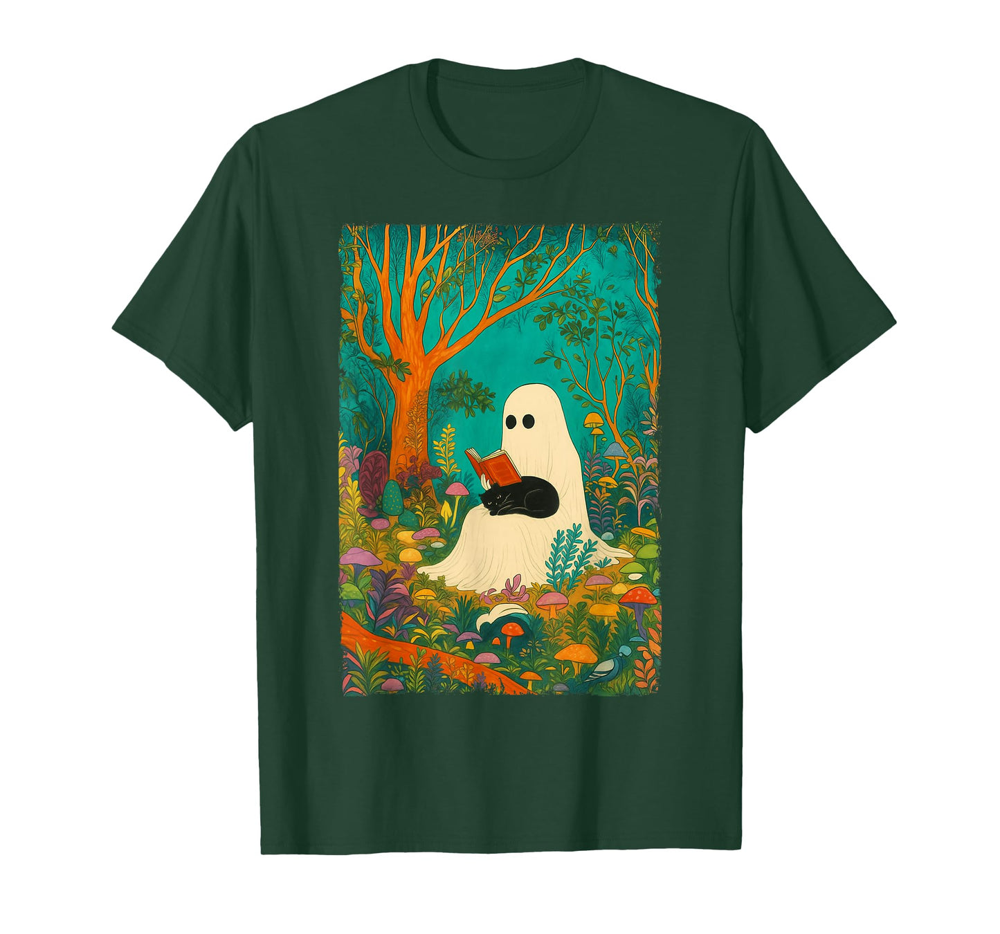 Groovy Ghost Reading Book Black Cat Halloween Ghost Teacher T-Shirt