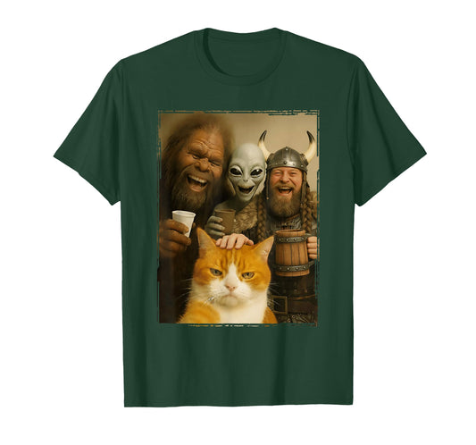 Cat Selfie with Bigfoot, Alien & Viking | Funny Cat T-Shirt