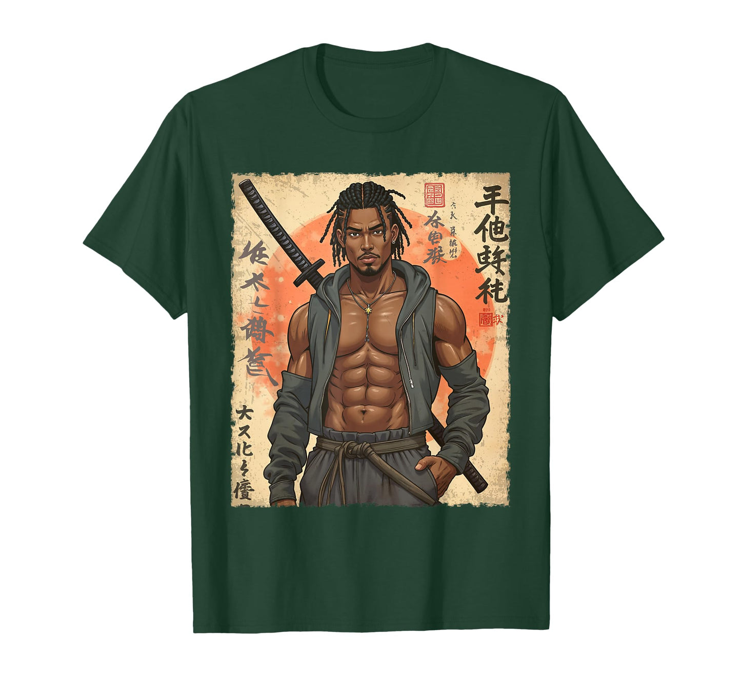 Afro Warrior Samurai Modern African in Anime with Katana T-Shirt