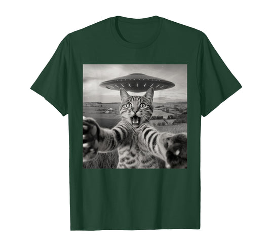 Cat Selfie With Alien UFO Funny Cat Sarcastic Humor Meme Men Women Kids T-Shirt