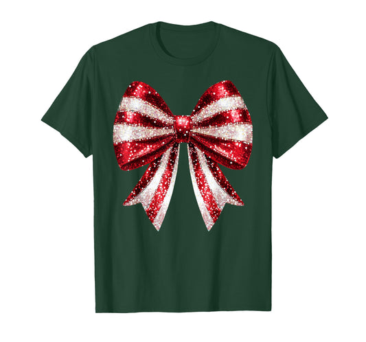 Cute Coquette Bow Christmas Candy Cane Xmas Women Kids Girls T-Shirt