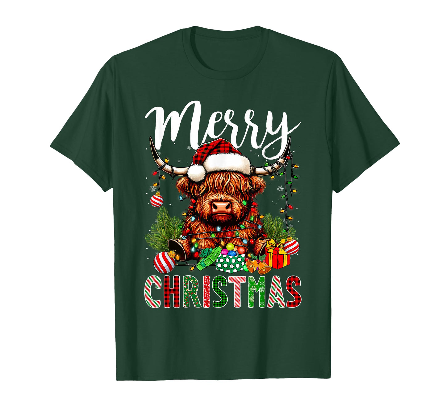 Merry Christmas Pajamas Highland Cow Christmas Tree Lights T-Shirt