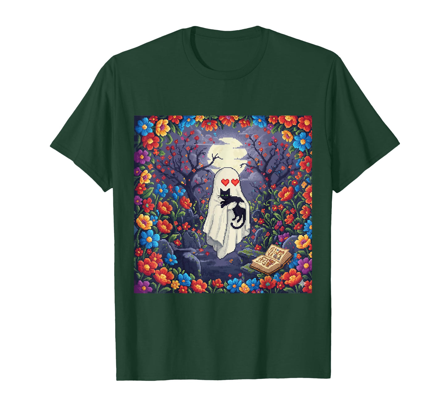 Funny Ghost with Heart Eyes Hug Black Cat in Flower Pixel T-Shirt