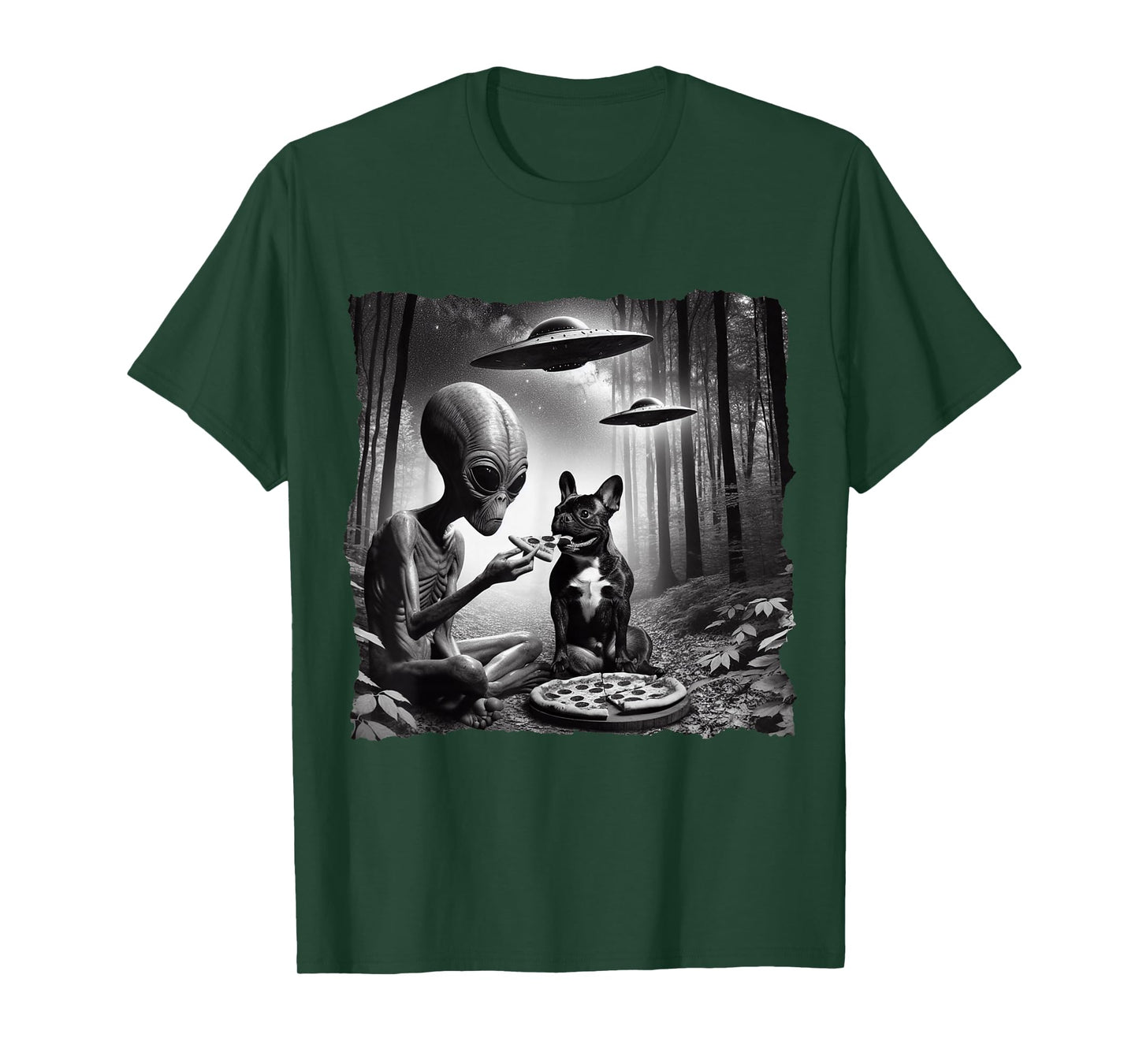 French Bulldog With Alien Eating Pizza. UFO French Bulldog T-Shirt