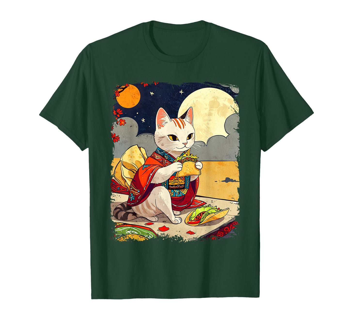 Cat Eating Tacos Funny Taco Cat Ukiyo-e Art Mexican Cat T-Shirt