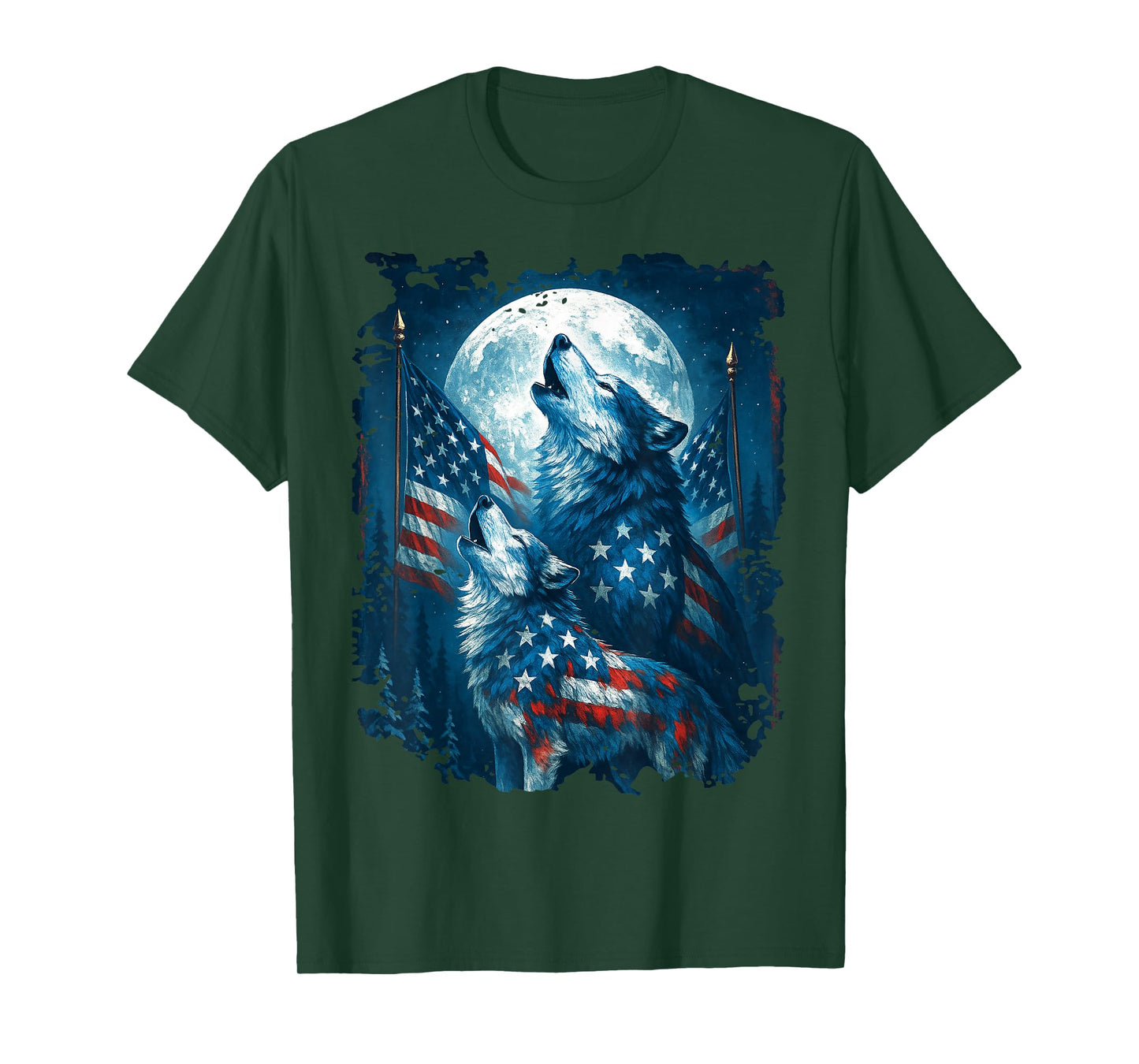 4th of July American Flag Wolf Howling Moon Wolves July 4th T-Shirt