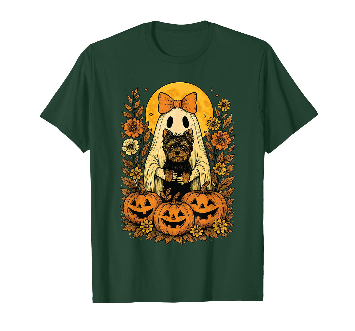 Floral Halloween Ghost Holding Yorkshire Terrier (Yorkie) T-Shirt