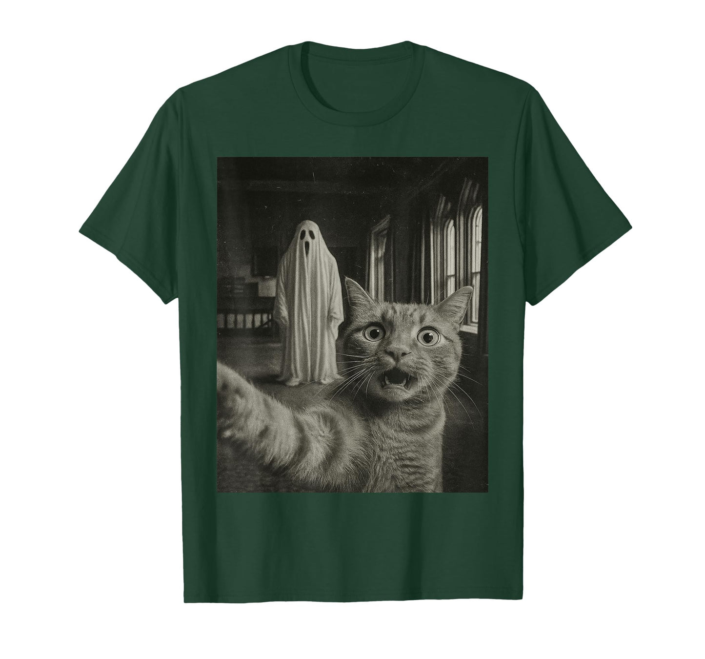 Haunted House Ghost Vintage Photo Funny Tabby Cat Halloween T-Shirt