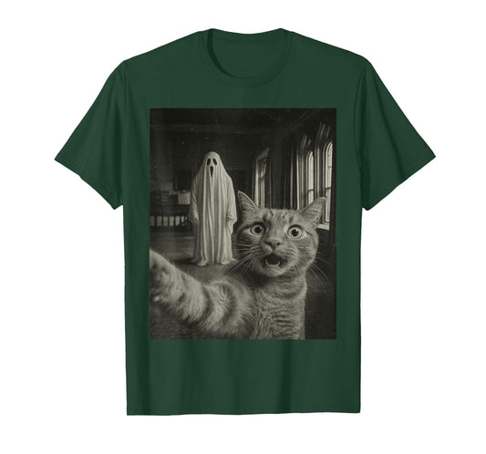 Haunted House Ghost Vintage Photo Funny Tabby Cat Halloween T-Shirt