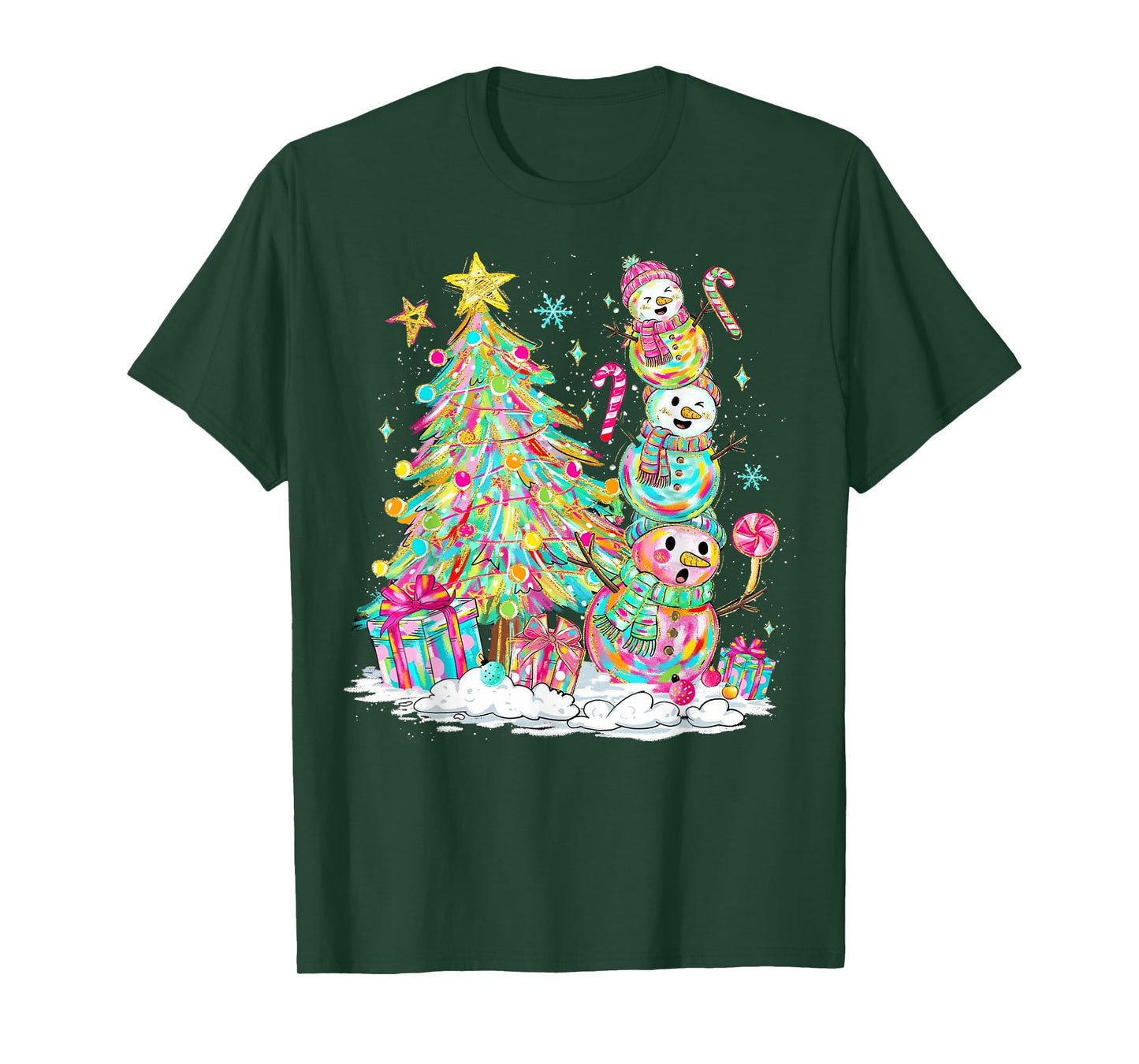 Colorful Christmas Snowman Scene for Kids Holiday Fun T-Shirt