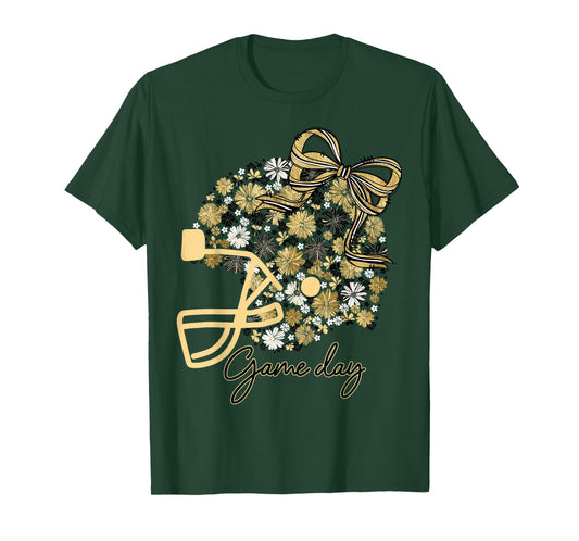 Floral Football Game Day Girly Bow Team Spirit Black & Gold T-Shirt
