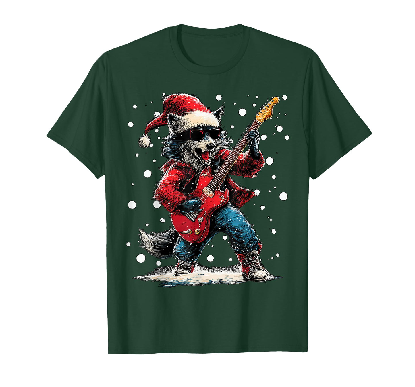 Christmas Wolf Playing Guitar Funny Musician Animal Music T-Shirt