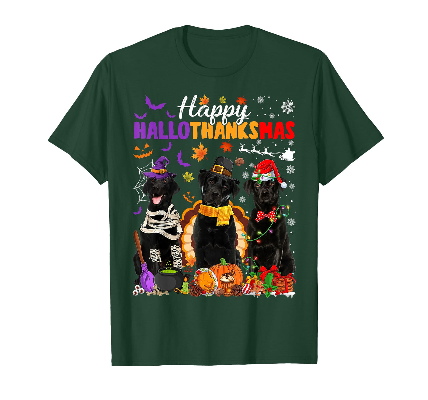 Witch Pilgrim Turkey Santa Black Labrador Dog HalloThanksMas T-Shirt