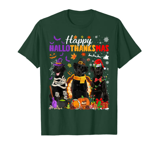 Witch Pilgrim Turkey Santa Black Labrador Dog HalloThanksMas T-Shirt