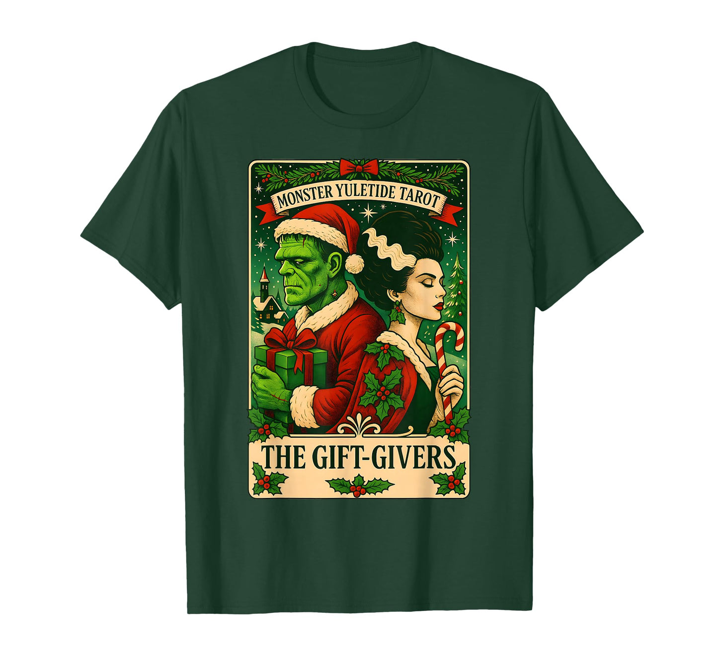 Christmas Frankenstein and Bride The Lovers Tarot Card T-Shirt