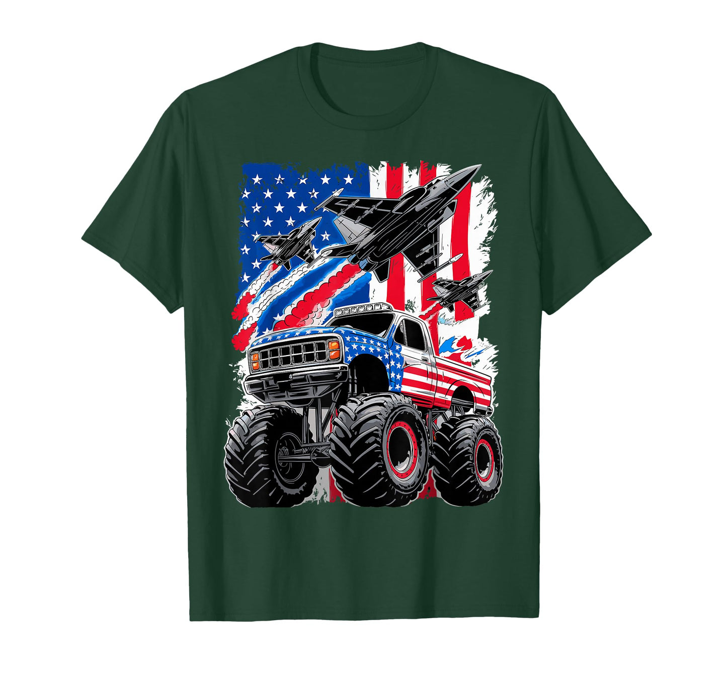 Monster Truck USA Flag Jet Fighter 4th of July T-Shirt
