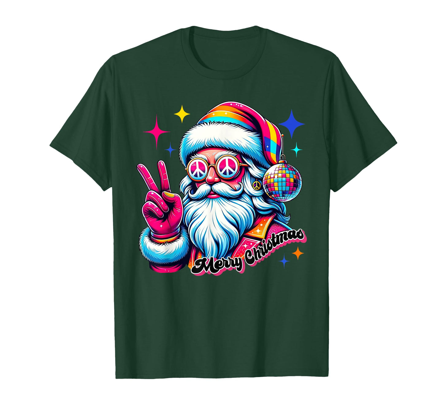 Colorful Santa Claus Peace Sign Hippie Christmas Holiday T-Shirt