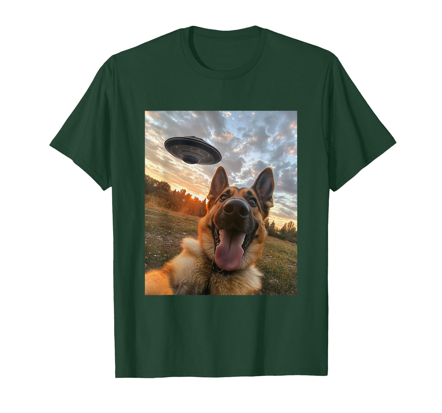 German Shepherd Dog Selfie with UFOs Aliens Funny Graphic T-Shirt