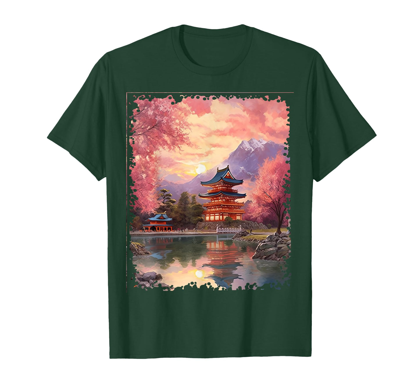 Vintage Japanese Flower Tee Mountain View Landscape Graphic T-Shirt