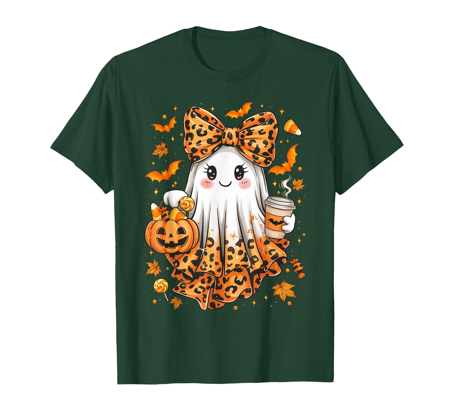 Leopard Ghost Drinking Coffee Halloween Ghost Coffee Women T-Shirt