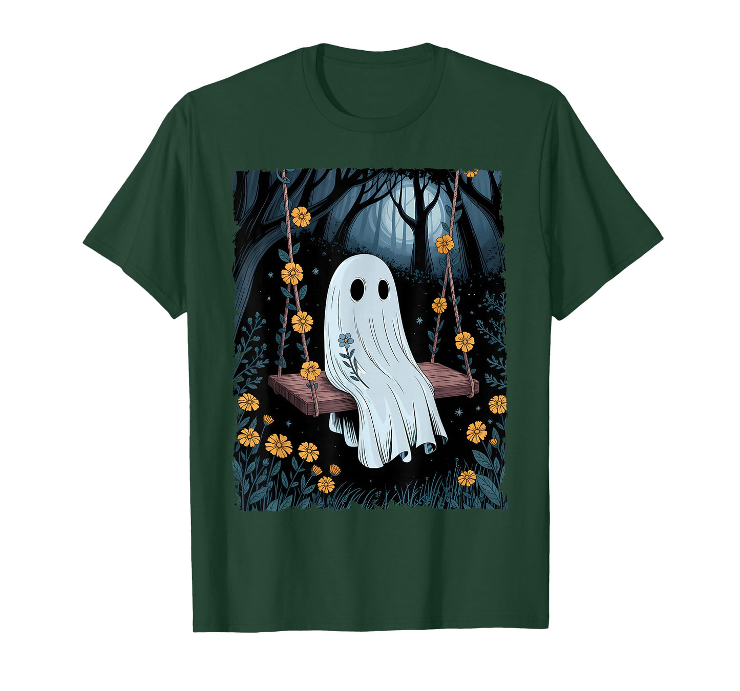 Vintage Ghost Swinging in Forest Night Halloween Floral T-Shirt