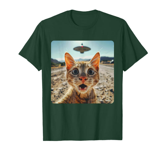 Extraterrestrial Encounter: Cat Selfie with Alien UFO T-Shirt