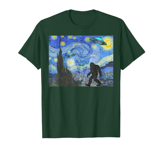 Starry Night Sasquatch And UFO Aliens Bigfoot Graphic T-Shirt
