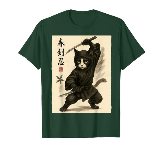 Ninja Cat Vintage Ukiyo-e Warrior Art Graphic Cat Art T-Shirt