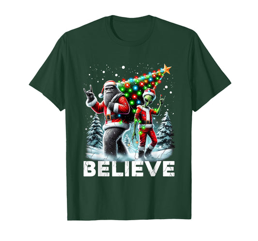 Believe Funny Alien and Bigfoot Christmas Design T-Shirt