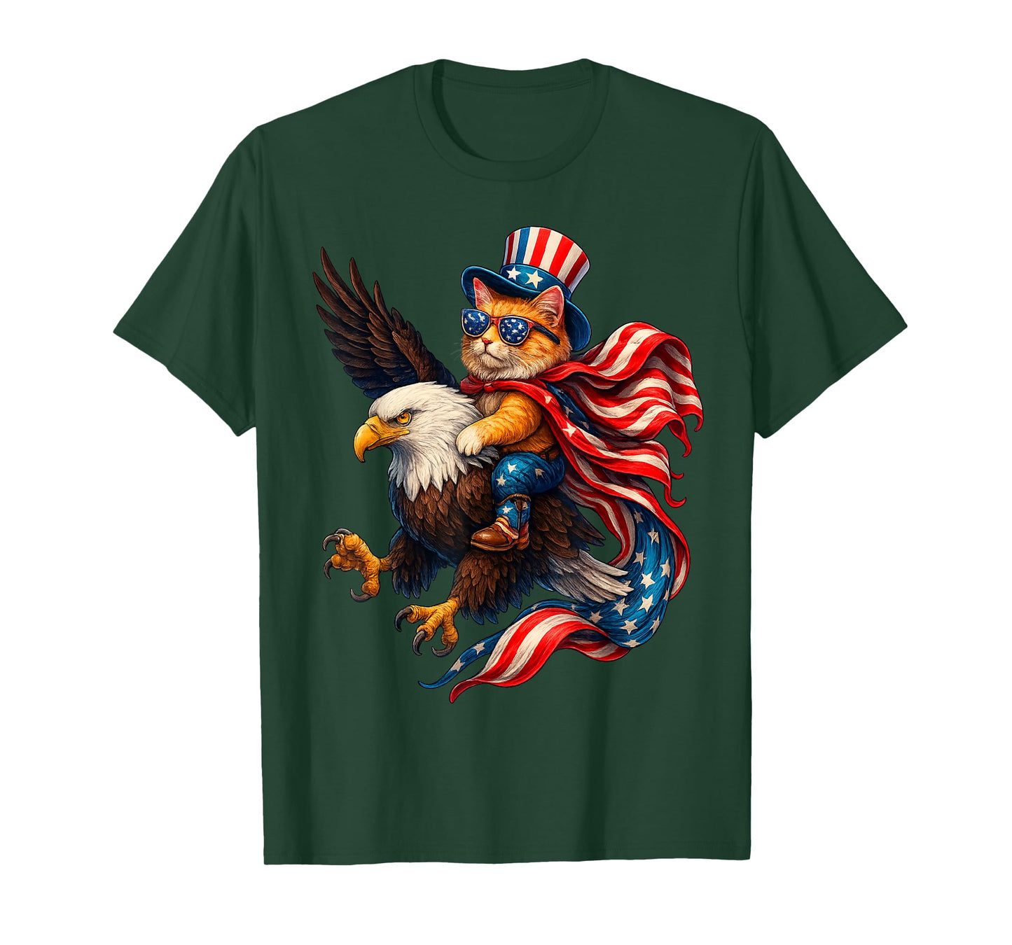 Patriotic Cat Riding Eagle Funny 4th of July American Flag T-Shirt