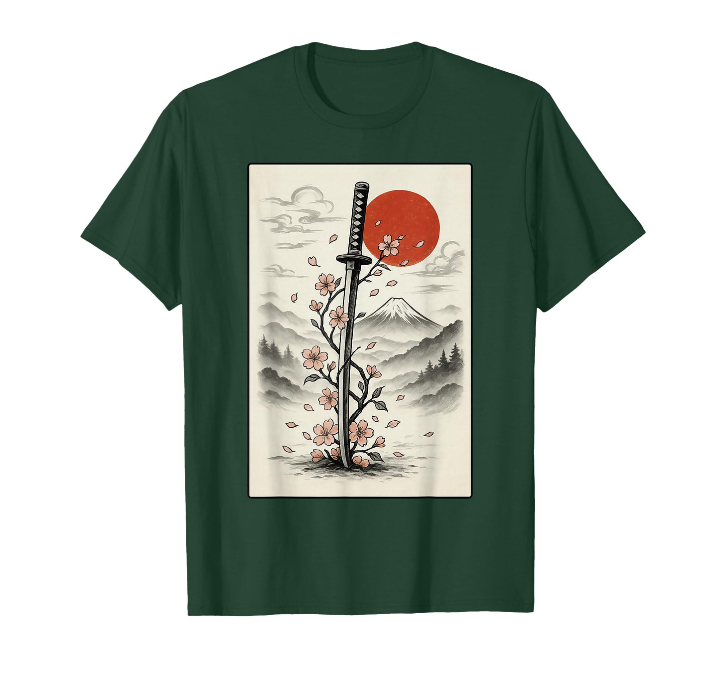 Cool Floral Art Anime Japanese Samurai Katana Sword Graphic T-Shirt